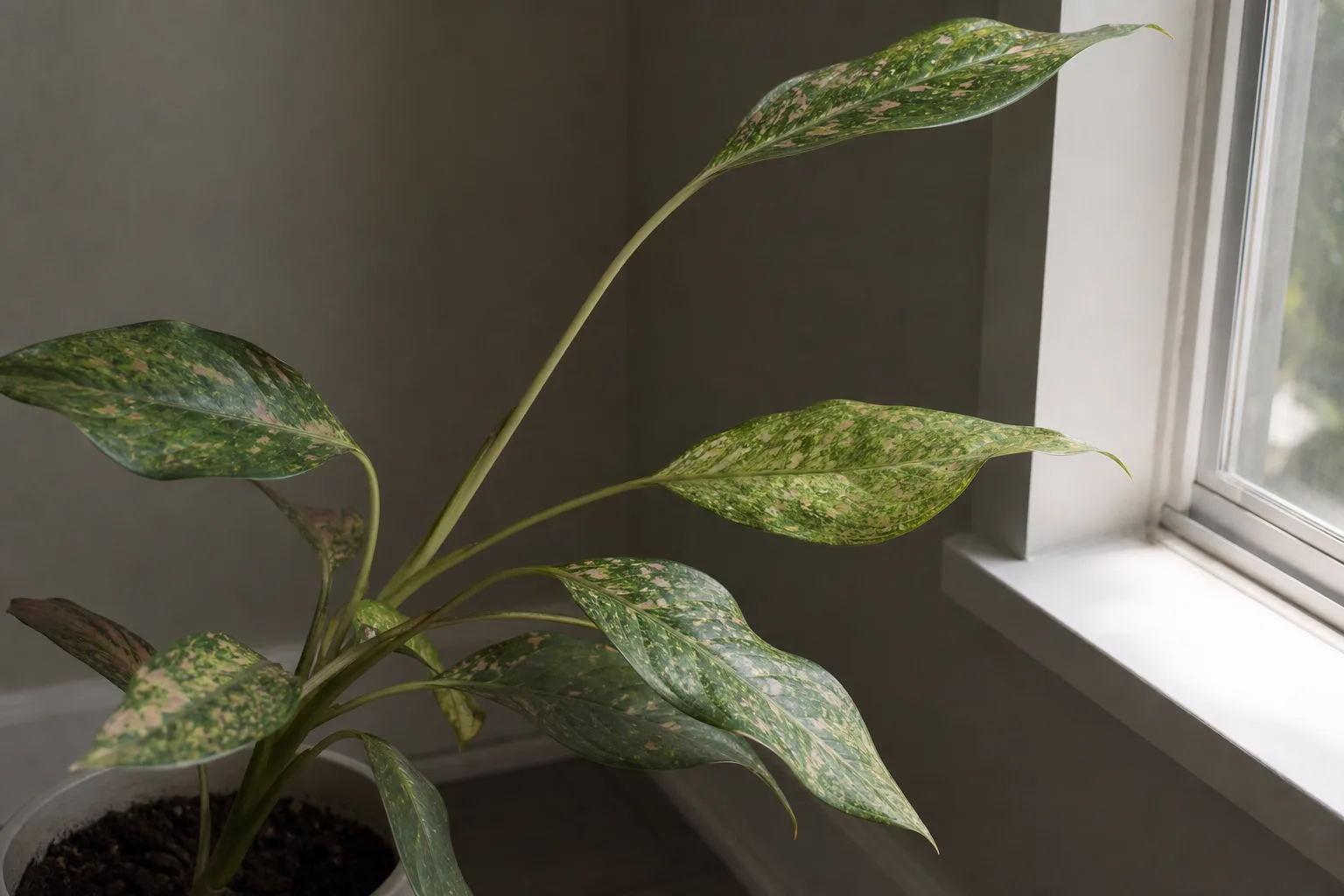 Not enough light on Aglaonema Pink Dalmatian - faded pink speckles, elongated stems leaning toward a window