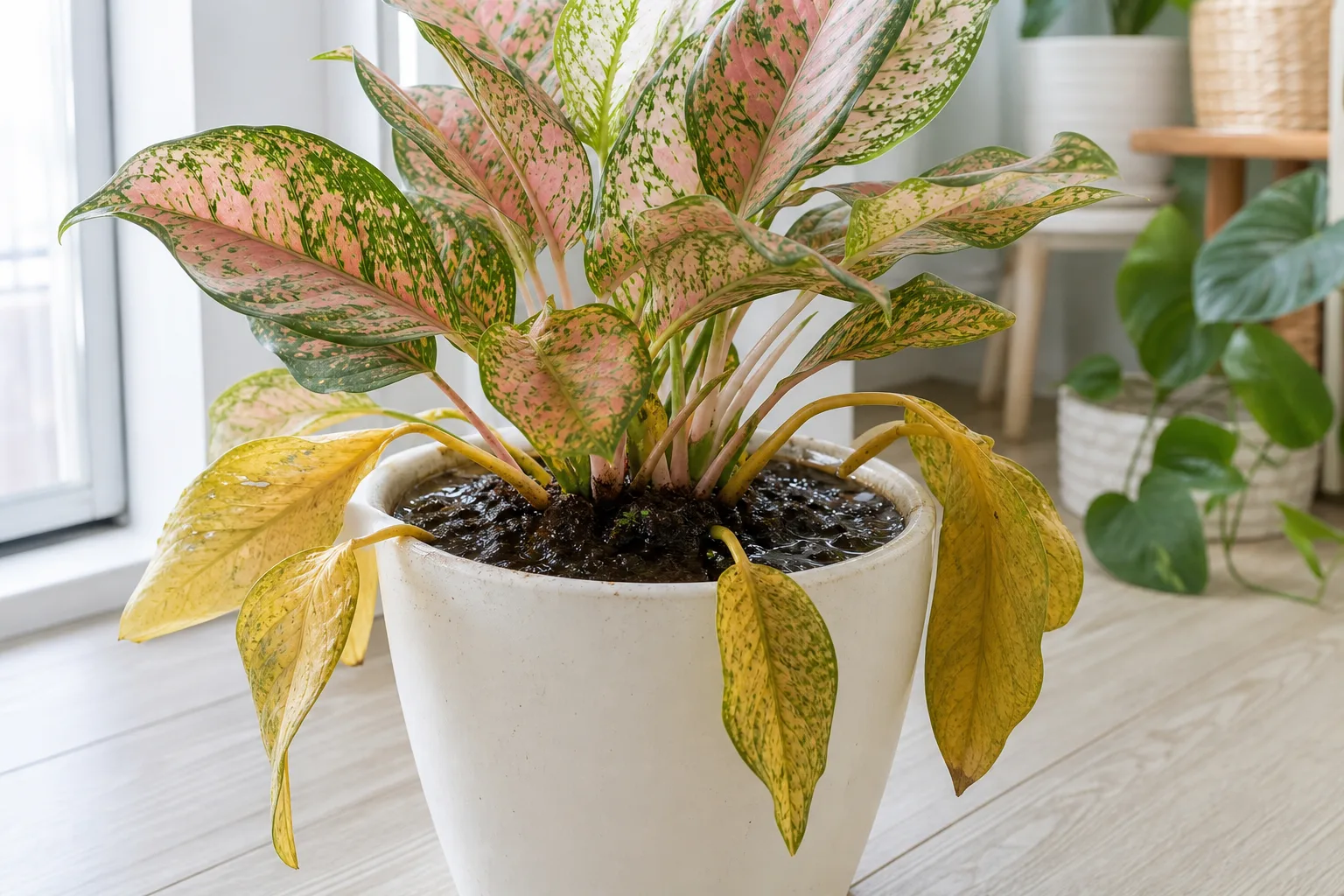Overwatering on Aglaonema Pink Dalmatian - visible symptom on the plant