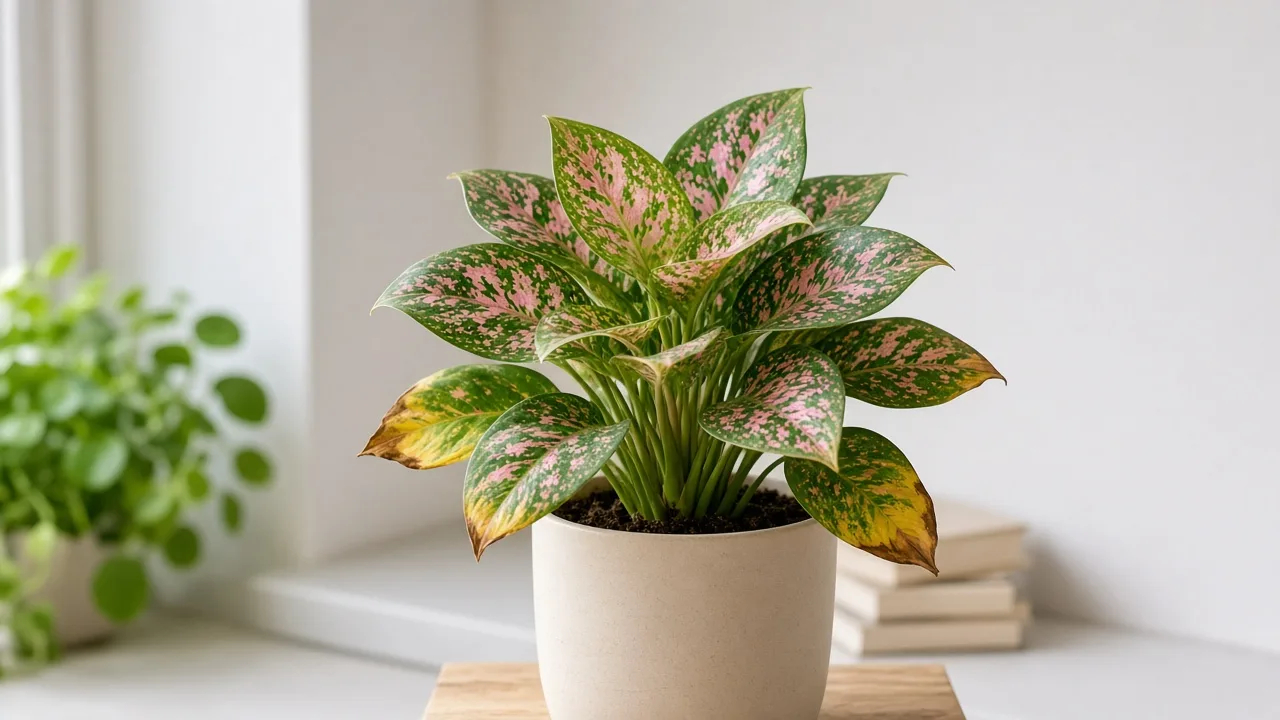 Potassium deficiency on Aglaonema Pink Dalmatian - scorched margins on older lower oval leaves with pink speckling