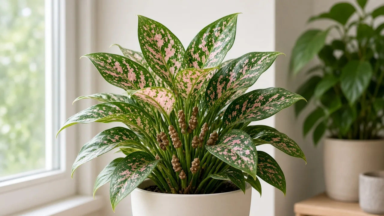 Scale insects on Aglaonema Pink Dalmatian - tan bumps on pink-speckled leaf petiole bases near the crown