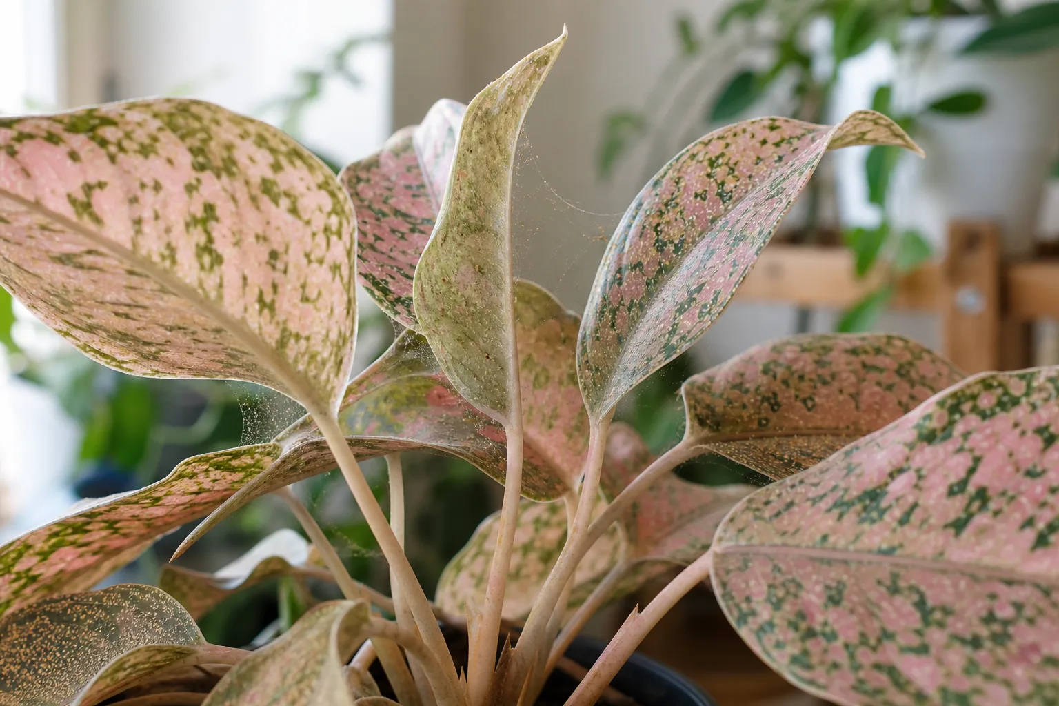 Spider Mites on Aglaonema Pink Dalmatian - visible symptom on the plant