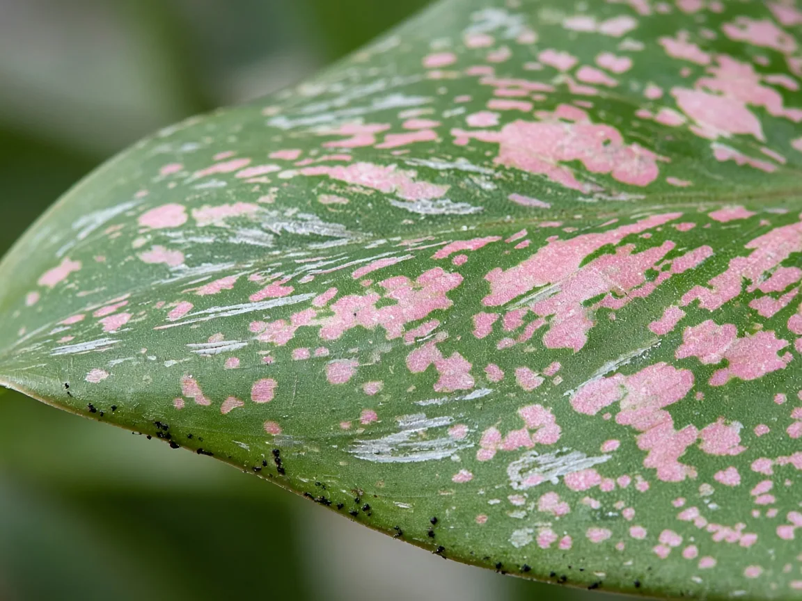 Close-up of thrips damage on Aglaonema Pink Dalmatian - silvery streaks and black frass on pink-speckled foliage