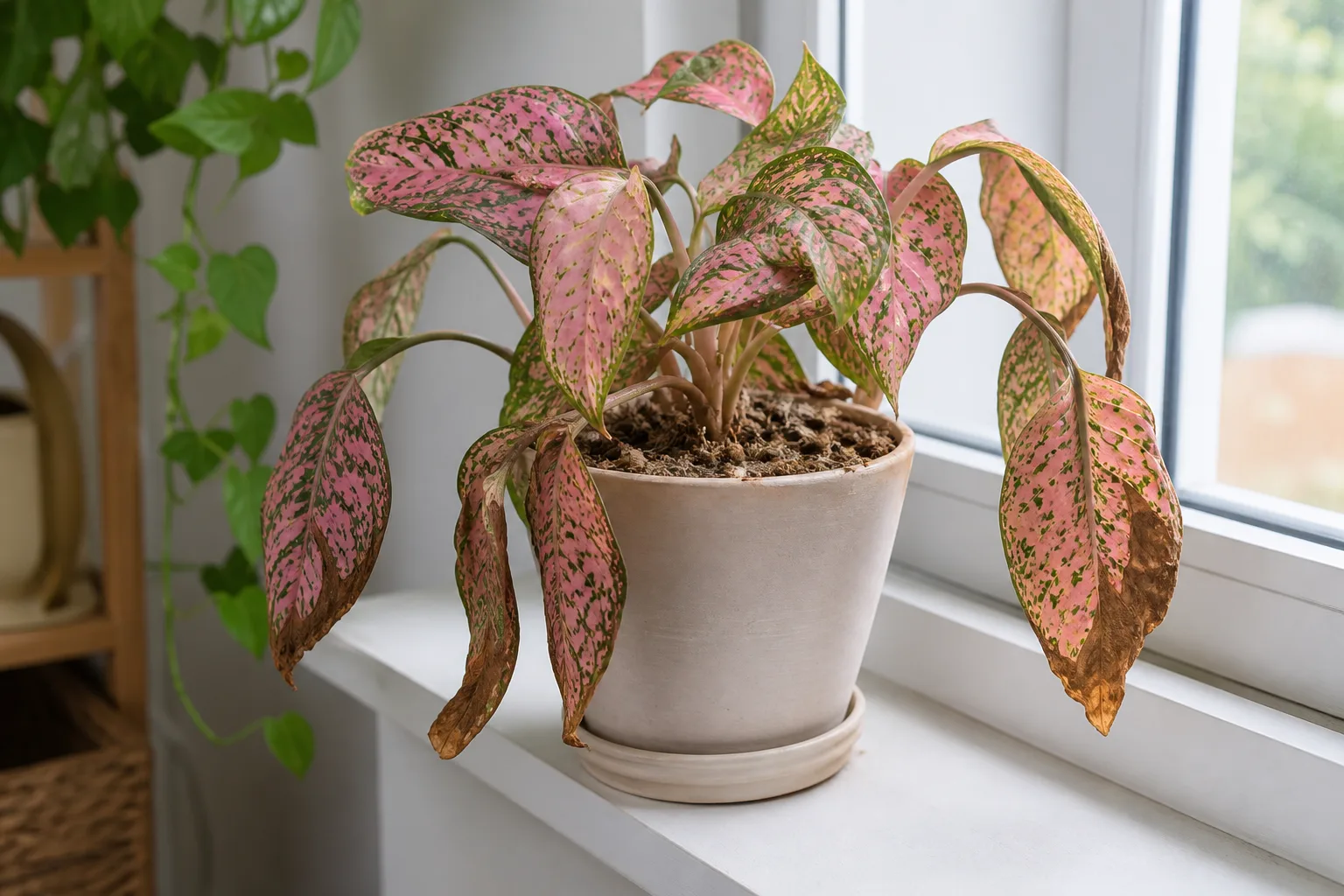 Underwatering on Aglaonema Pink Dalmatian - visible symptom on the plant