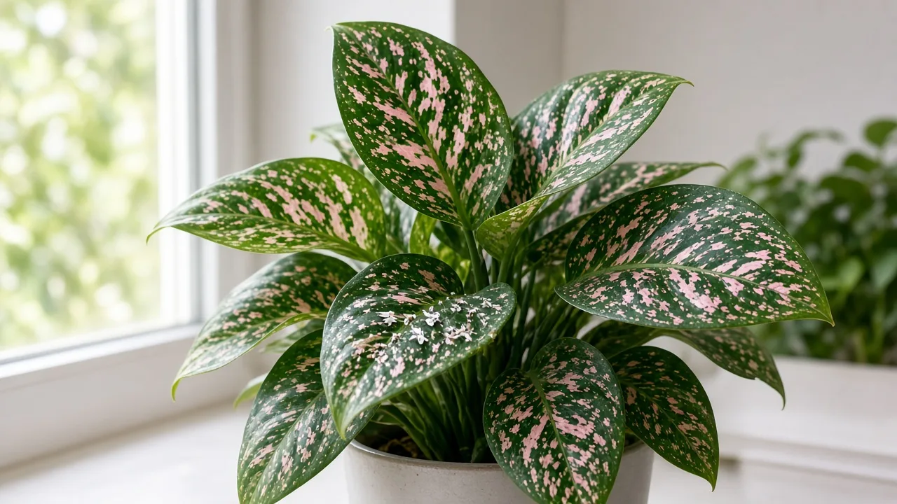 Whiteflies on Aglaonema Pink Dalmatian - tiny white insects on speckled pink-and-green leaf undersides