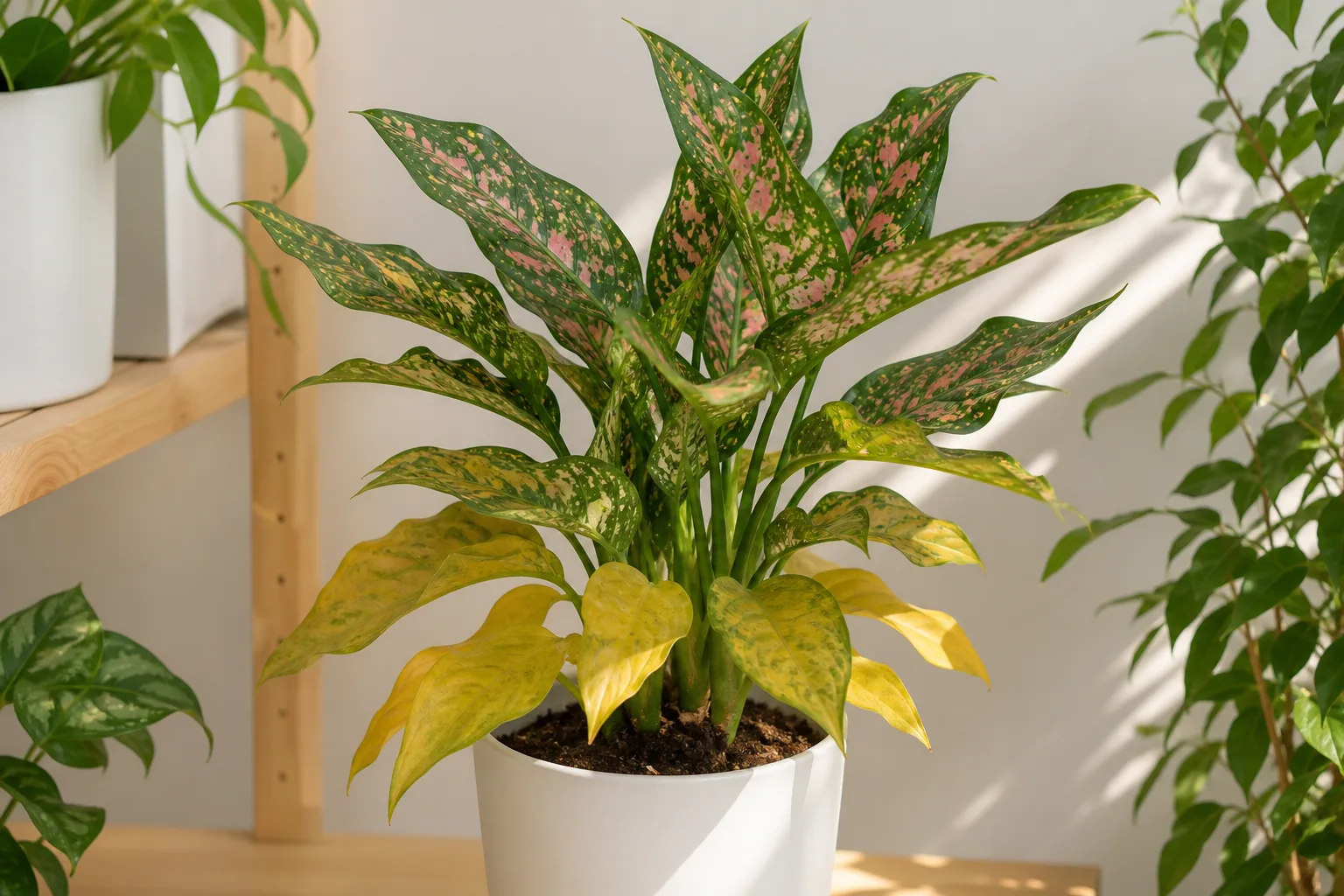 Yellow leaves on Aglaonema Pink Dalmatian - chlorotic lower foliage with pink-speckled green leaves above