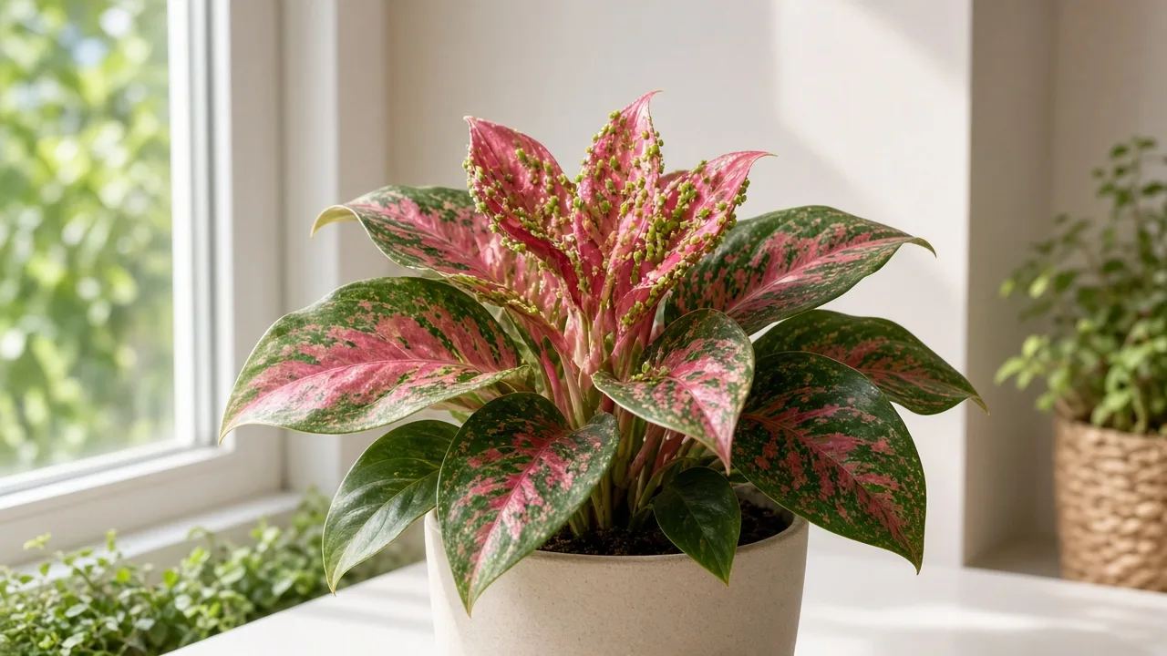 Aphids on Aglaonema Red Siam - soft insect clusters on new cherry-red crown leaves