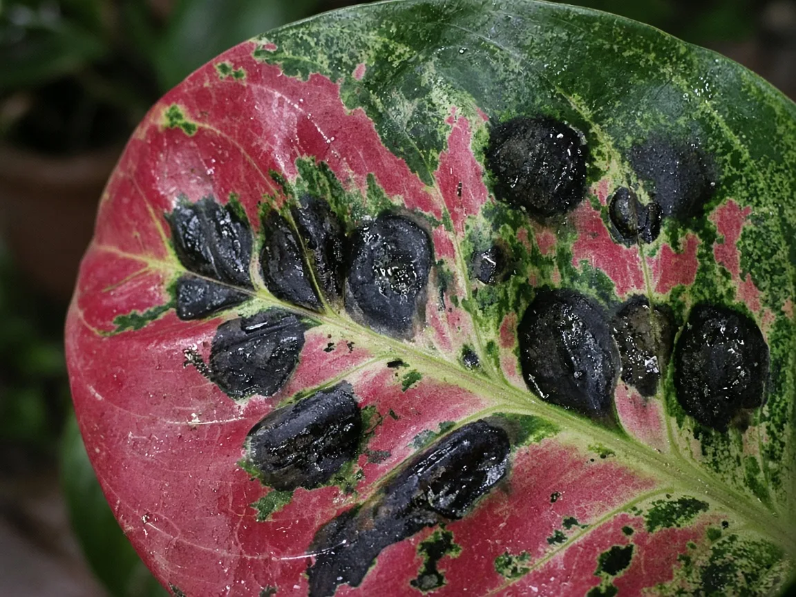 Close-up of black spots on Aglaonema Red Siam — water-soaked lesions on variegated foliage