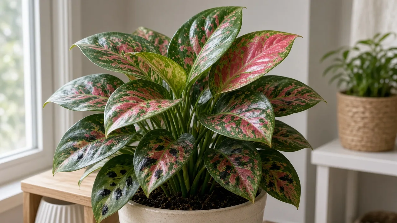 Black Spots on Aglaonema Red Siam - visible symptom on variegated Chinese evergreen foliage