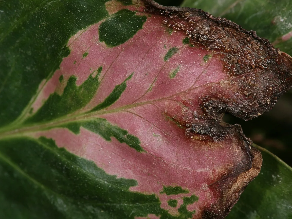 Close-up of brown leaves on Aglaonema Red Siam — necrotic margin on variegated blade