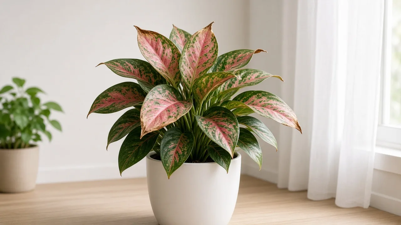 Brown tips on Aglaonema Red Siam - crispy dry margins on rose-pink variegated Chinese evergreen leaves in bright indoor light