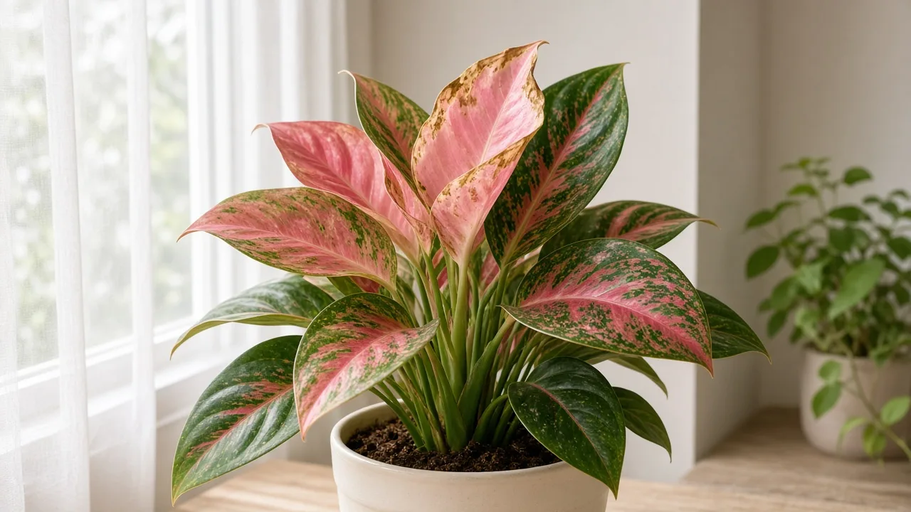 Calcium deficiency on Aglaonema Red Siam - cupped new rose-pink crown leaf on variegated Chinese evergreen