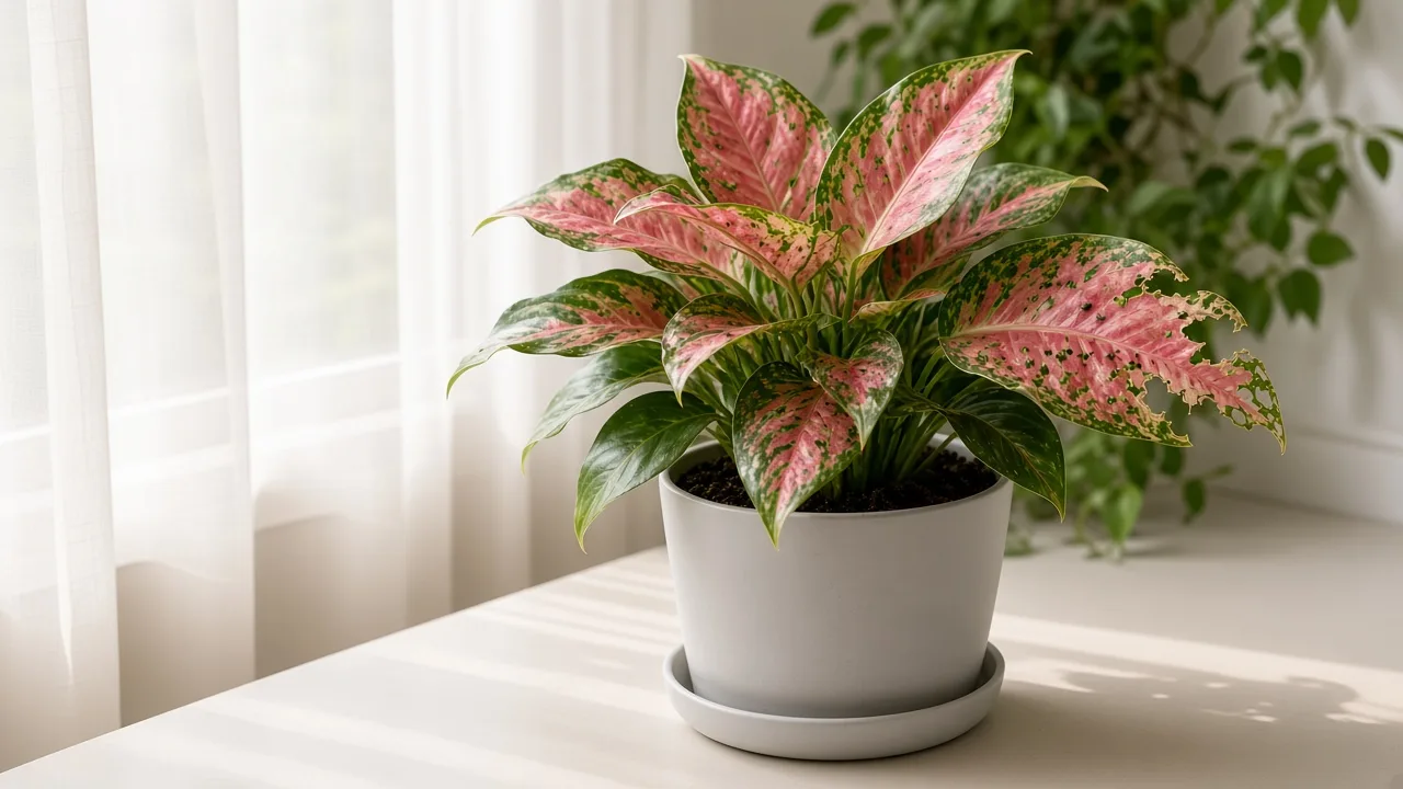 Caterpillars on Aglaonema Red Siam - ragged chewed notches on broad rose-pink and cherry-red leaves with dark frass pellets