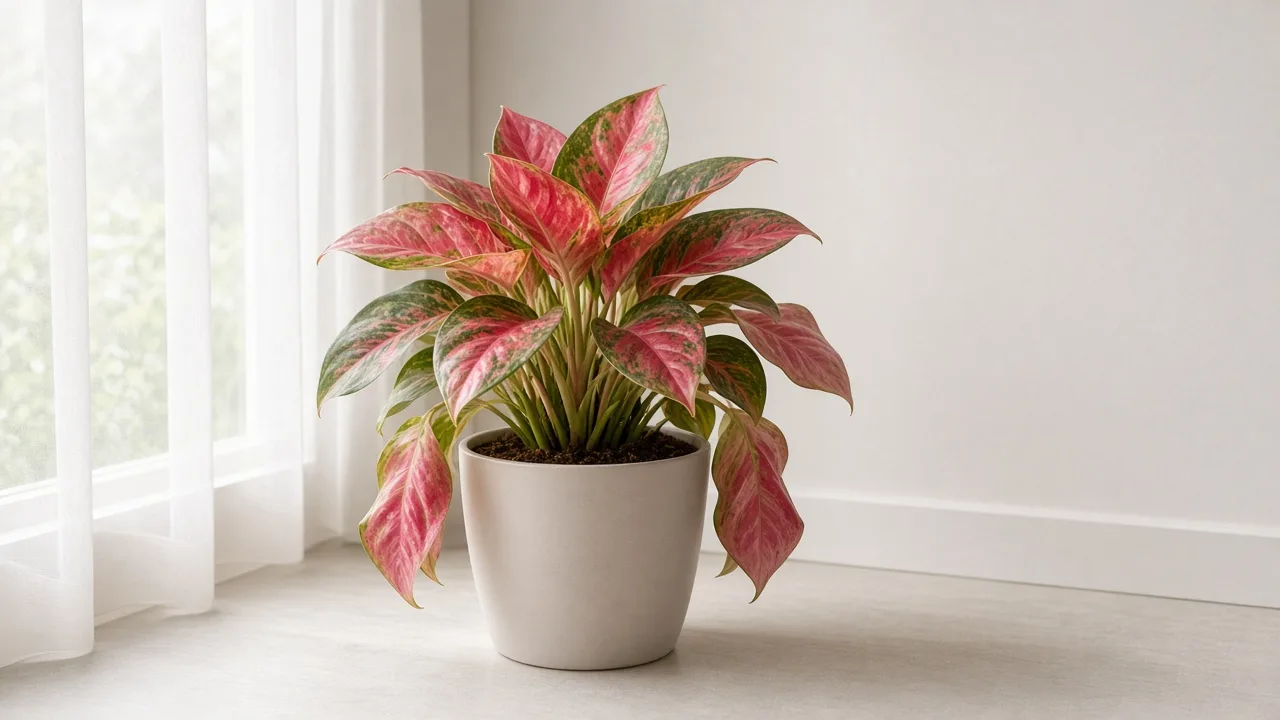 Drooping leaves on Aglaonema Red Siam - limp rose-pink Chinese evergreen petioles sagging on an upright indoor plant