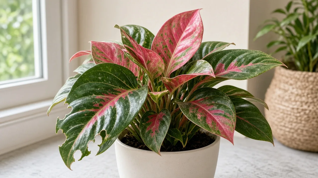 Holes In Leaves on Aglaonema Red Siam - visible symptom on variegated Chinese evergreen foliage