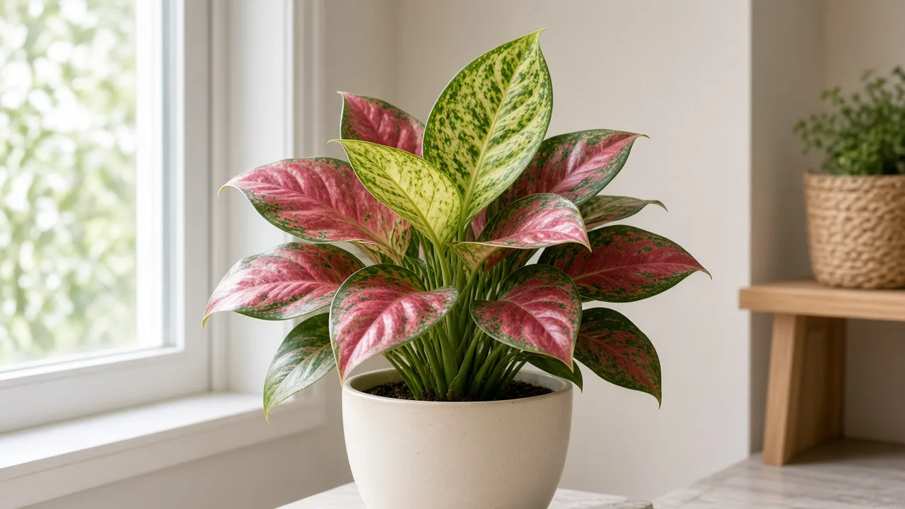 Iron deficiency on Aglaonema Red Siam - pale new variegated leaf with green veins at the crown flush