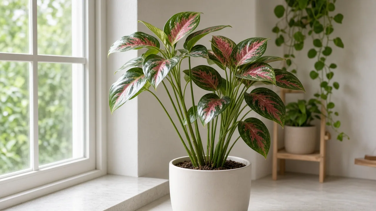Leggy growth on Aglaonema Red Siam - tall upright clump leaning toward window with long bare petioles between rose-pink variegated leaves