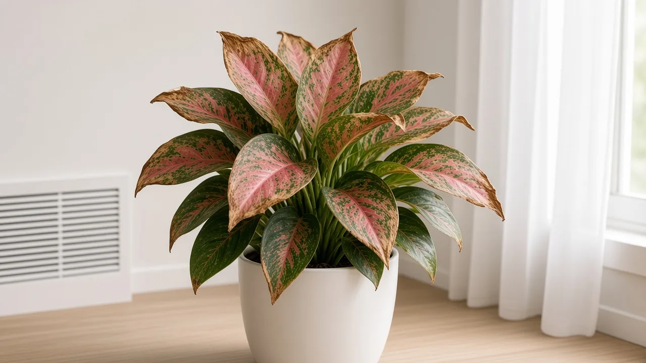 Low humidity on Aglaonema Red Siam - papery brown margins on rose-pink variegated Chinese evergreen leaves beside a winter heating vent
