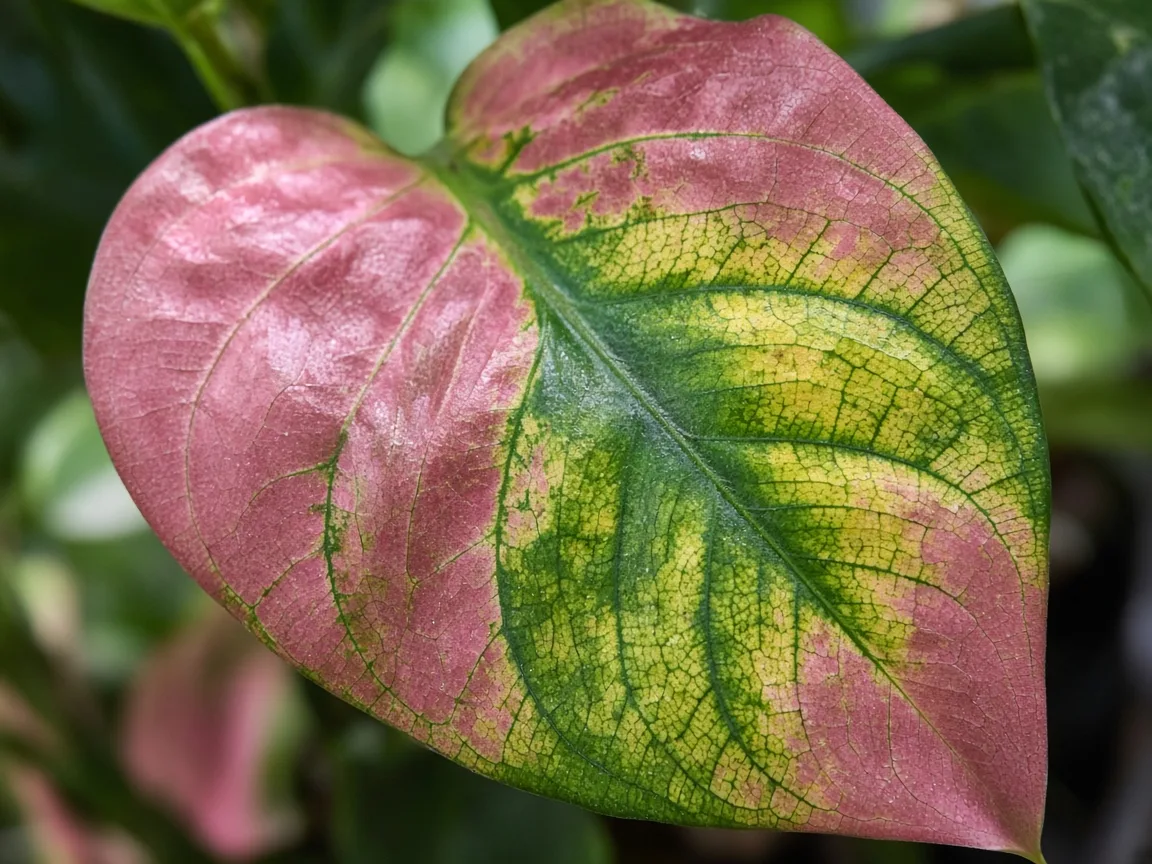 Close-up of interveinal chlorosis on older Red Siam broad leaf