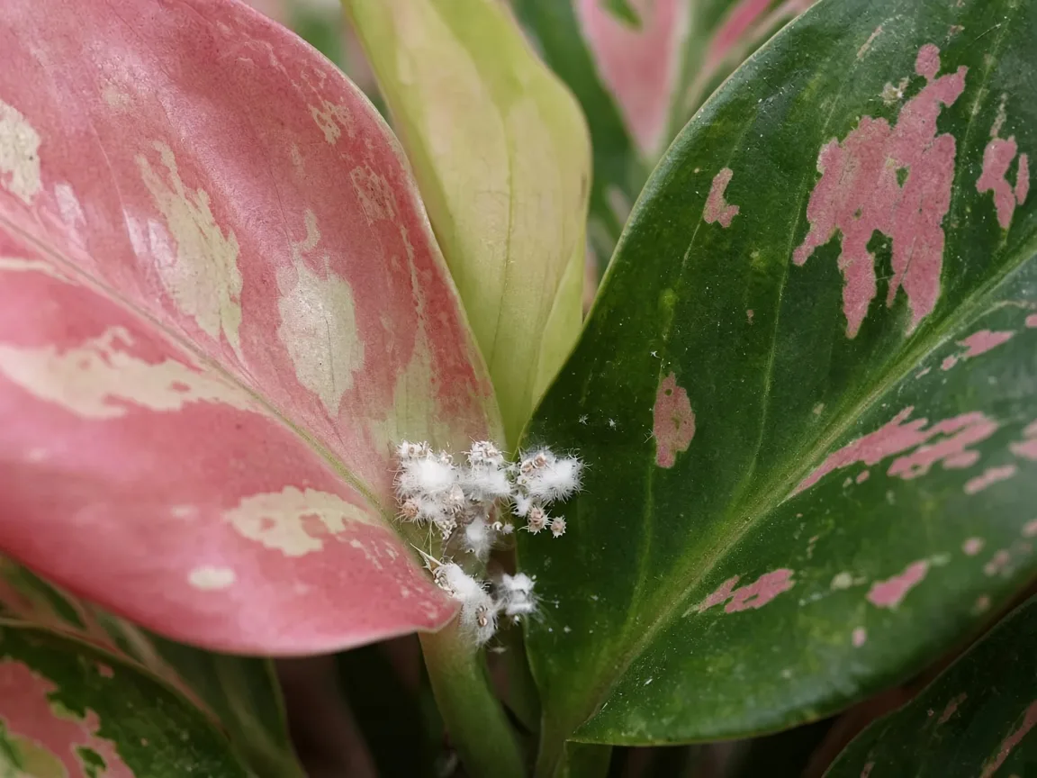 Close-up of white cottony mealybug clusters nestled in an Aglaonema Red Siam crown axil between broad cherry-red and rose-pink leaves