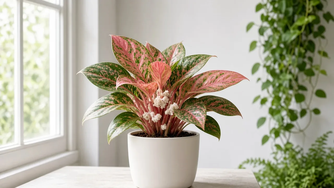 Mealybugs on Aglaonema Red Siam - white cottony clusters in crown axils on cherry-red variegated Chinese evergreen leaves
