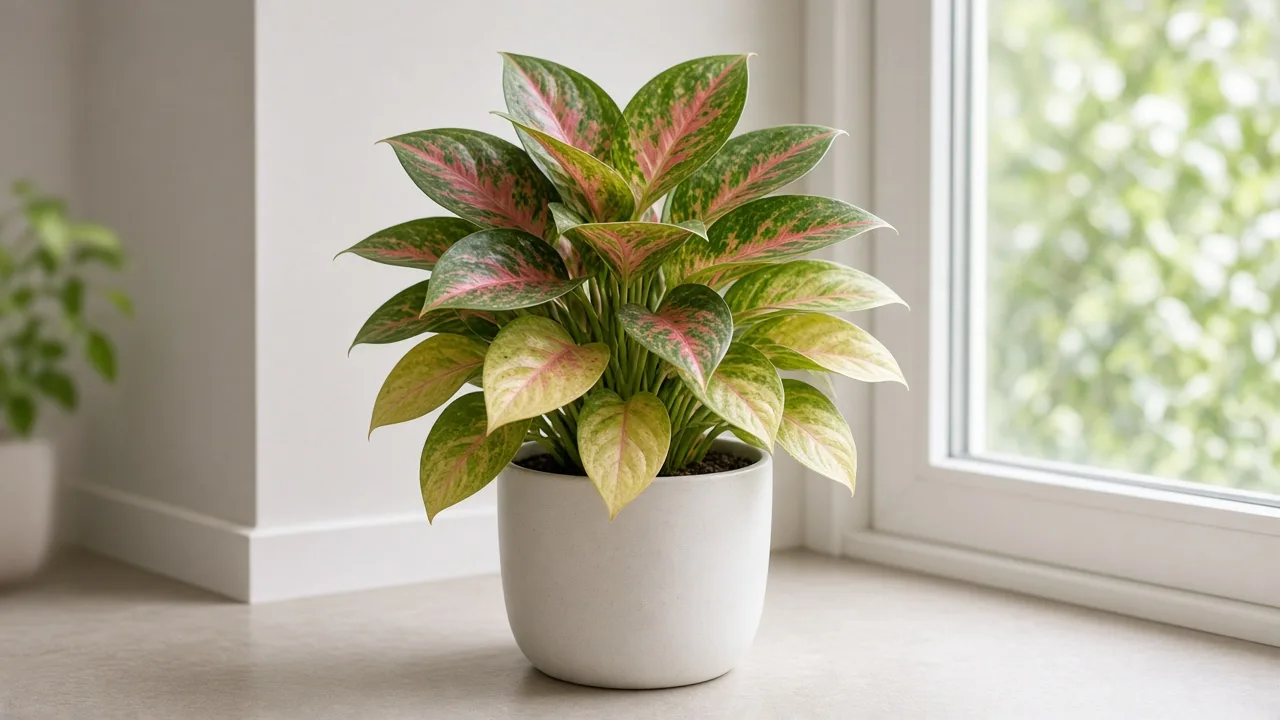 Nitrogen deficiency on Aglaonema Red Siam - pale oldest lower leaves with washed-out rose-pink variegation on a variegated Chinese evergreen clump