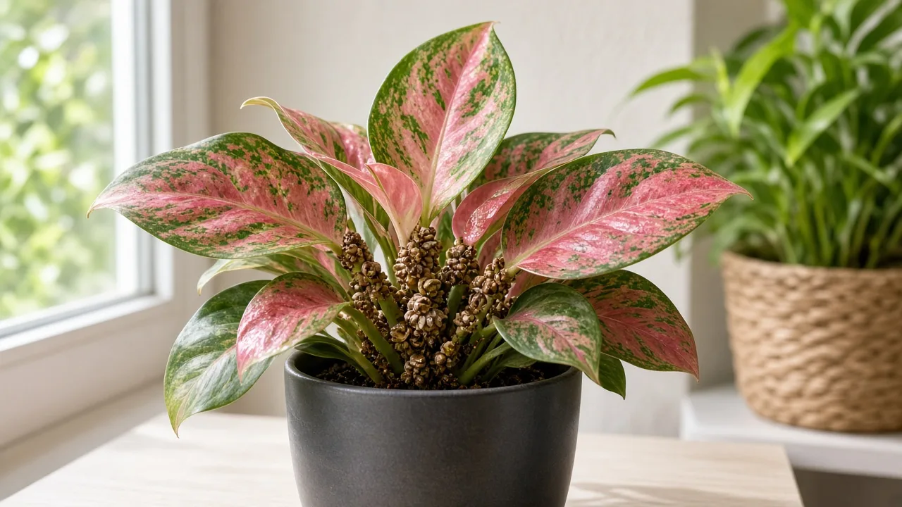 Scale insects on Aglaonema Red Siam - tan bumps on broad rose-pink Chinese evergreen petiole bases