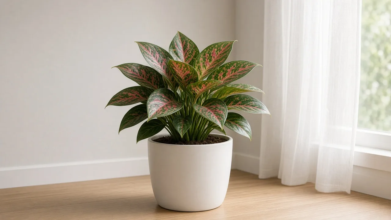 Slow growth on Aglaonema Red Siam - compact upright clump with tight crown spacing and no fresh pink-flushed leaf emerging