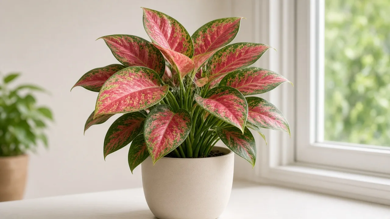 Spider mites on Aglaonema Red Siam - stippling on cherry-red and rose-pink variegated Chinese evergreen leaves in an upright clump