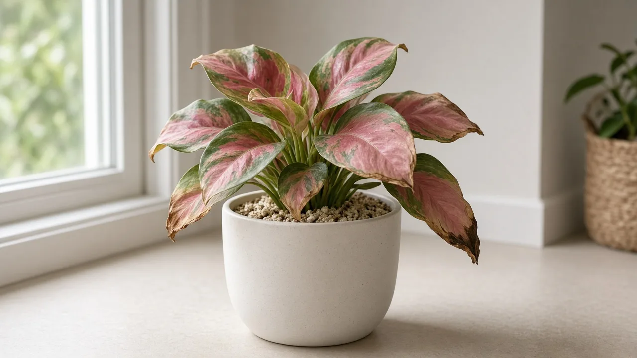 Underwatering on Aglaonema Red Siam - curled firm broad rose-pink leaves with crisp brown tips on a light dry pot with pale crumbly mix