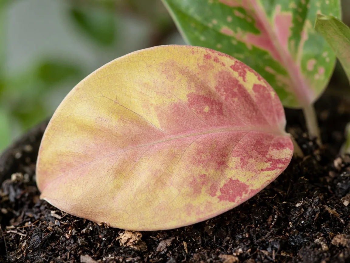 Close-up of yellow lower broad leaf with faded rose-pink and cherry-red zones on Aglaonema Red Siam