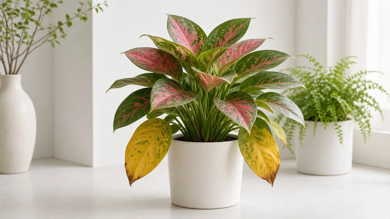 Yellow leaves on Aglaonema Red Siam - yellow lower broad leaves on a rose-pink and cherry-red Chinese evergreen in bright indoor light