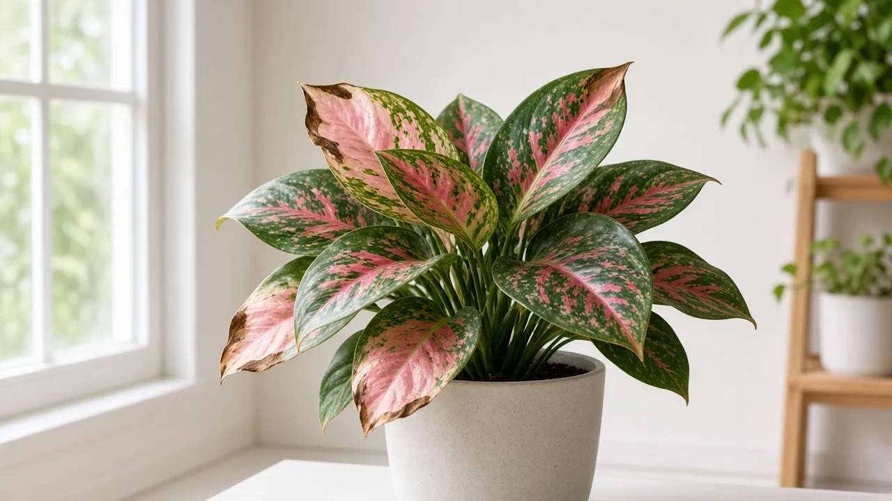 Brown leaves on Aglaonema Red Valentine - necrotic tissue on pink-red foliage