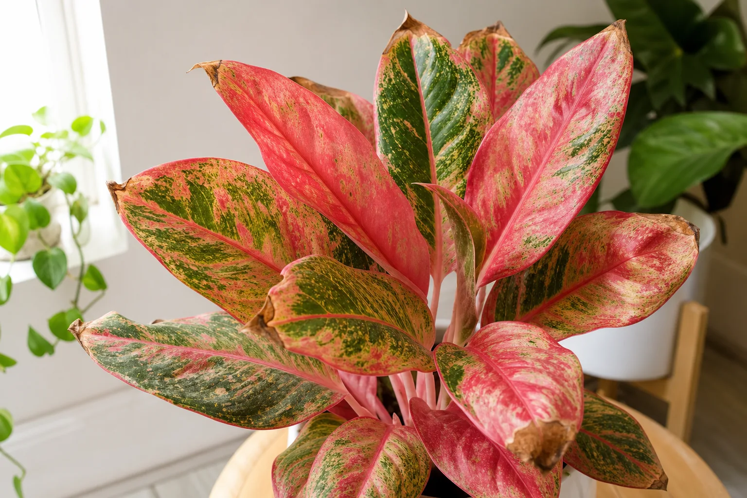 Brown tips on Aglaonema Red Valentine - dry crispy necrosis on pink variegated leaf margins