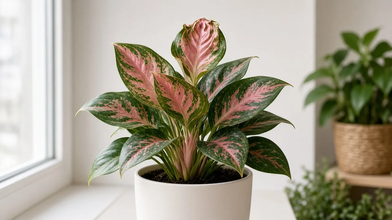 Calcium deficiency on Aglaonema Red Valentine - cupped new pink-red crown leaf on variegated Chinese evergreen