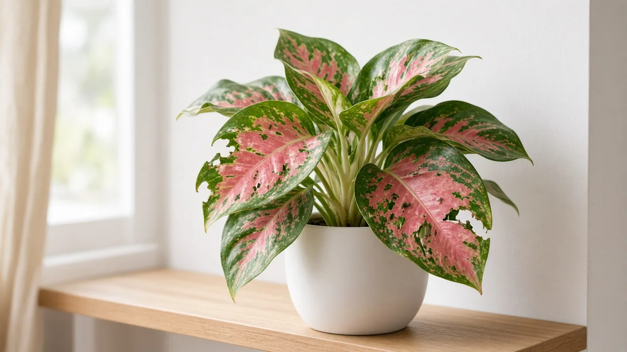 Caterpillars on Aglaonema Red Valentine - ragged chewed notches on broad pink-red and green leaves with dark frass pellets