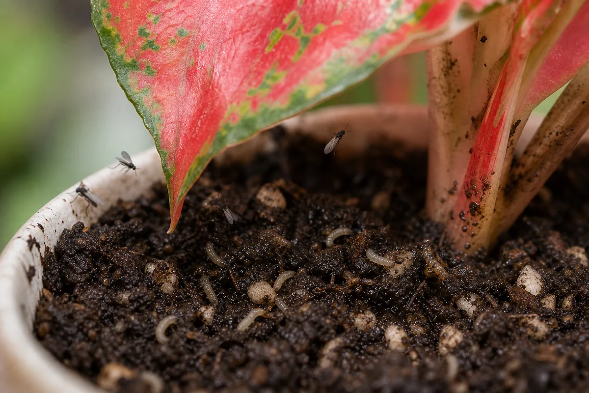 Close-up of Fungus Gnats on Aglaonema Red Valentine - diagnostic detail