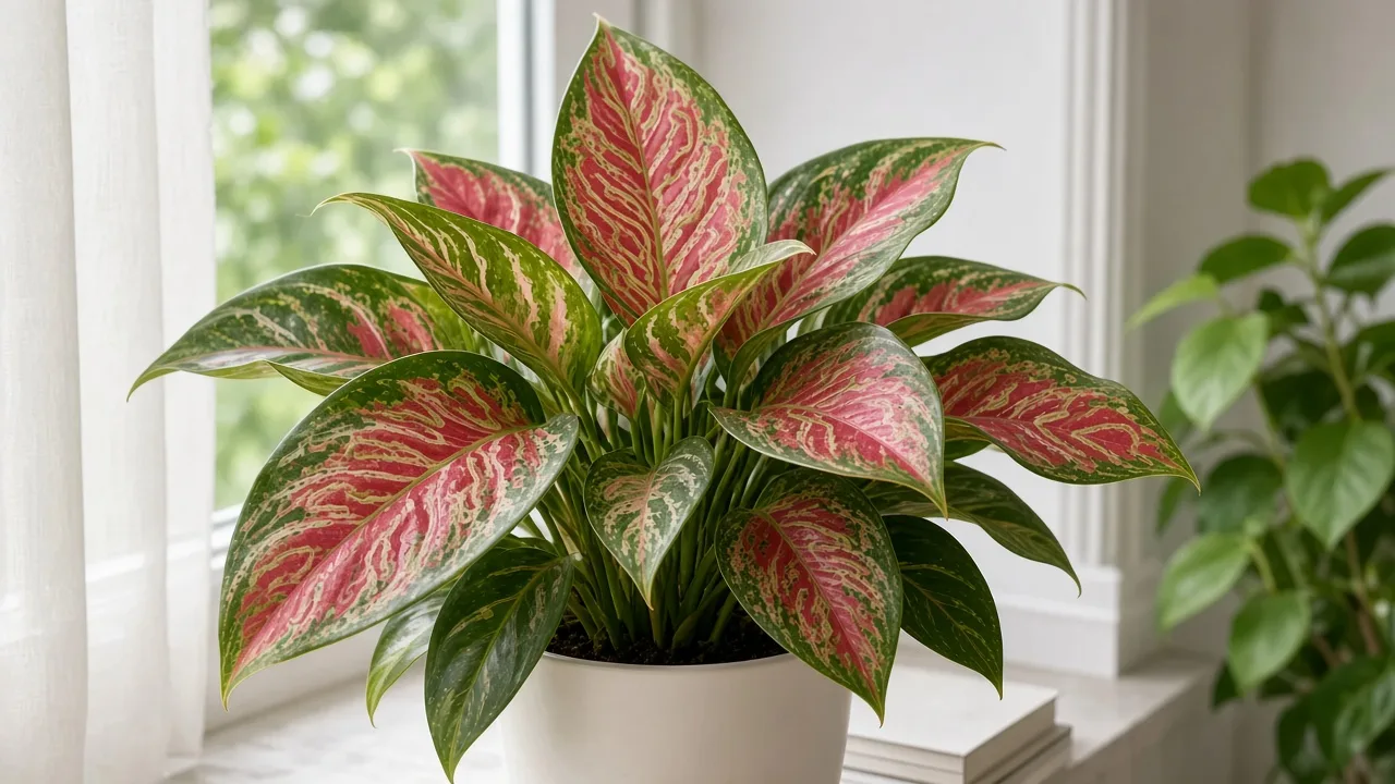 Leaf miners on Aglaonema Red Valentine - pale serpentine tunnels winding through broad pink-red and green variegated leaves