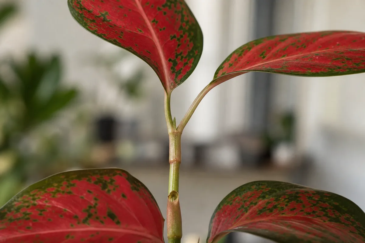 Close-up of Leggy Growth on Aglaonema Red Valentine - diagnostic detail