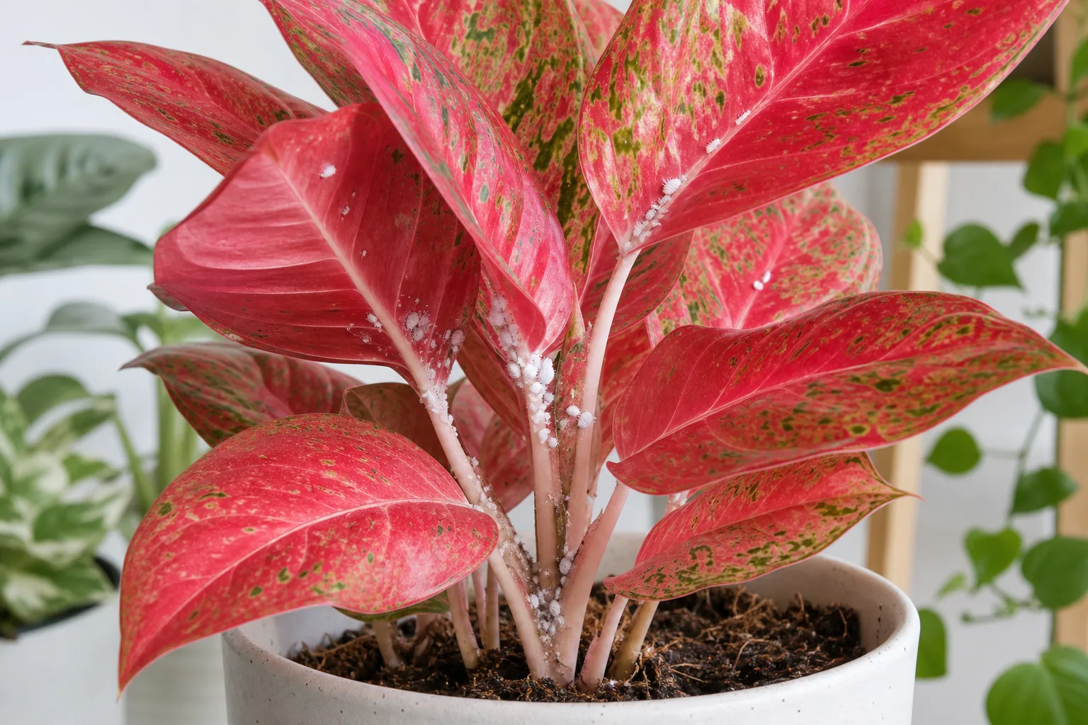 Mealybugs on Aglaonema Red Valentine - visible symptom on the plant