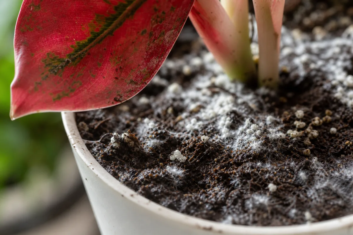 Close-up of Mold on Soil on Aglaonema Red Valentine - diagnostic detail