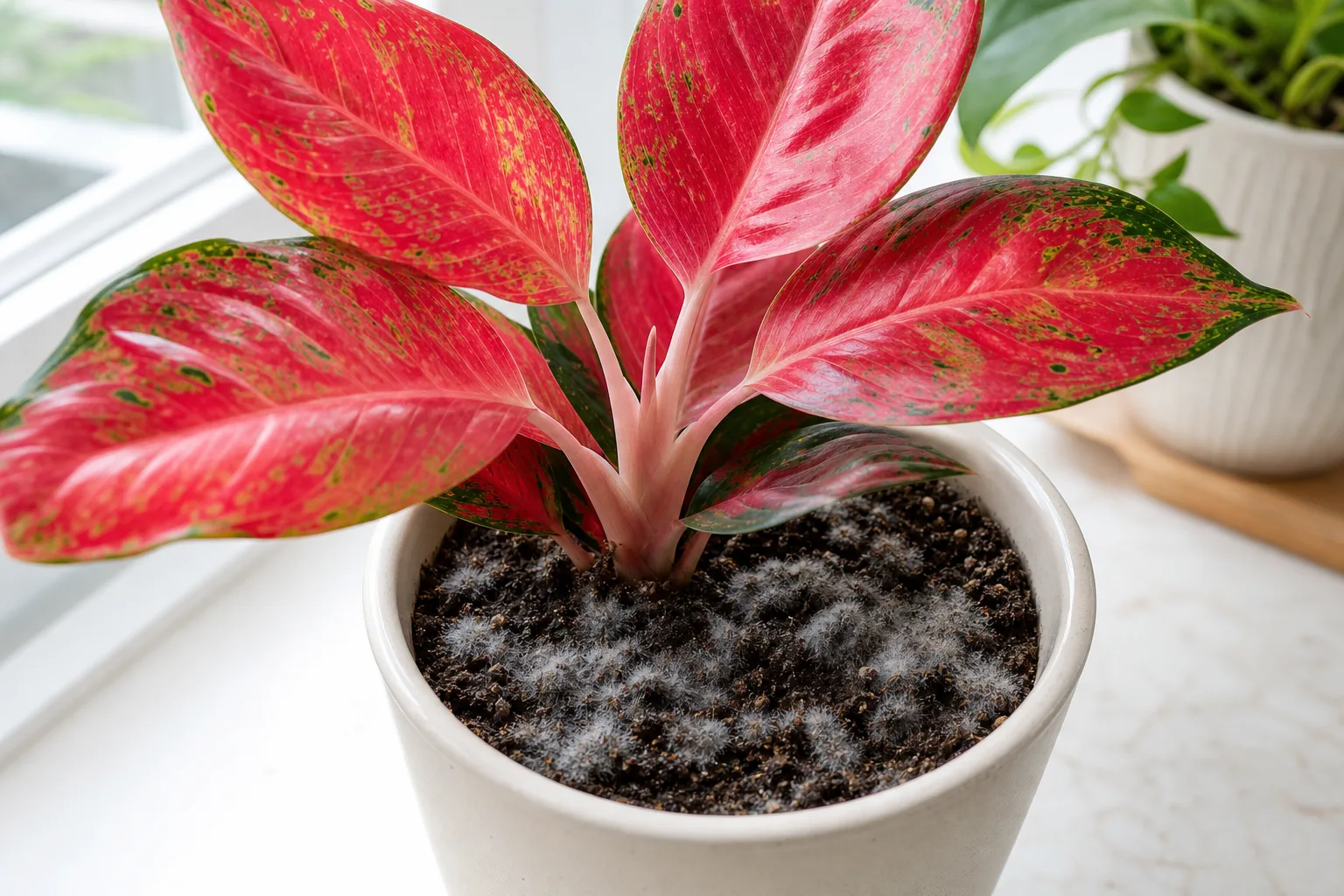 Mold on Soil on Aglaonema Red Valentine - visible symptom on the plant