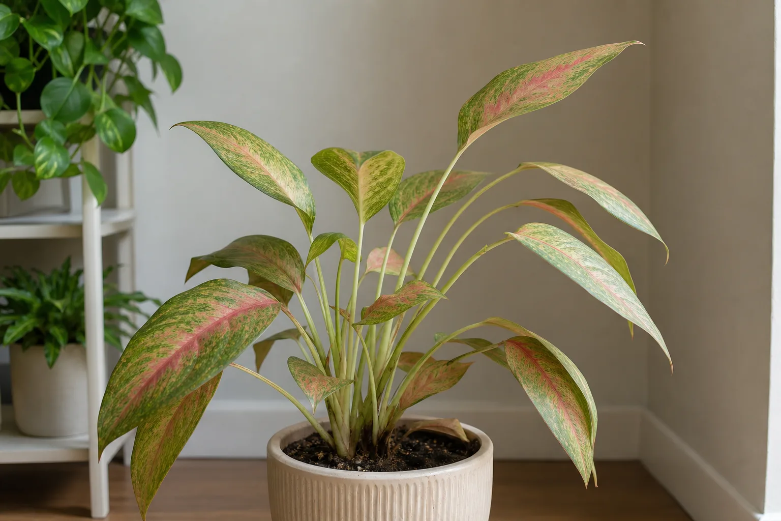 Not enough light on Aglaonema Red Valentine - elongated petioles, faded pink variegation, and lean toward the brightest window