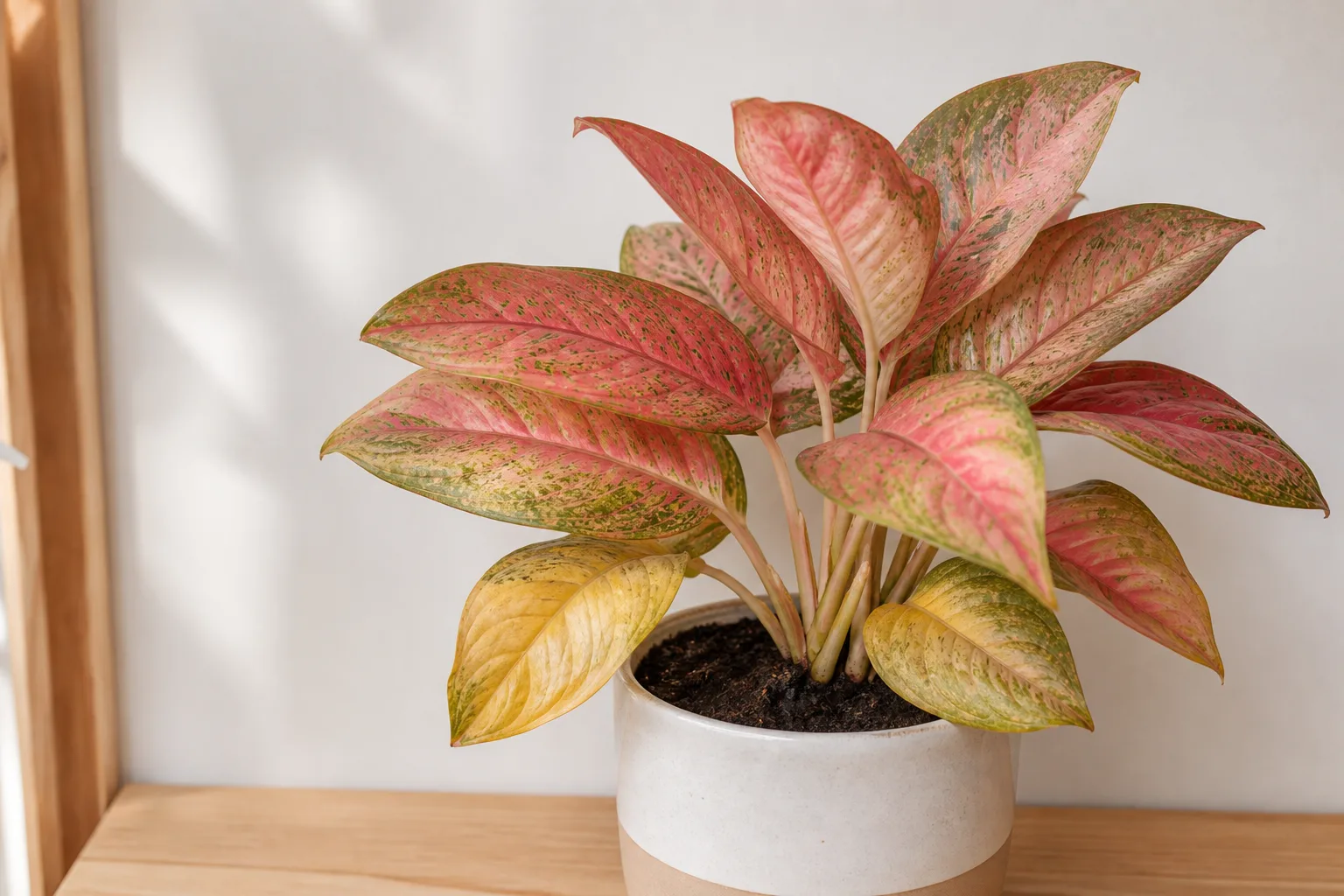 Overwatering on Aglaonema Red Valentine - yellowing lower leaves with dull pink variegation and dark damp soil