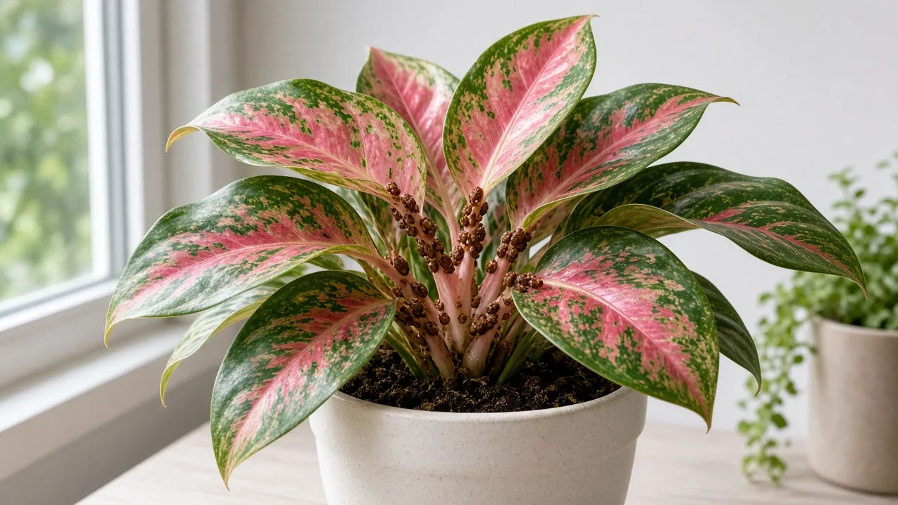 Scale insects on Aglaonema Red Valentine - tan bumps on broad pink-red Chinese evergreen petiole bases