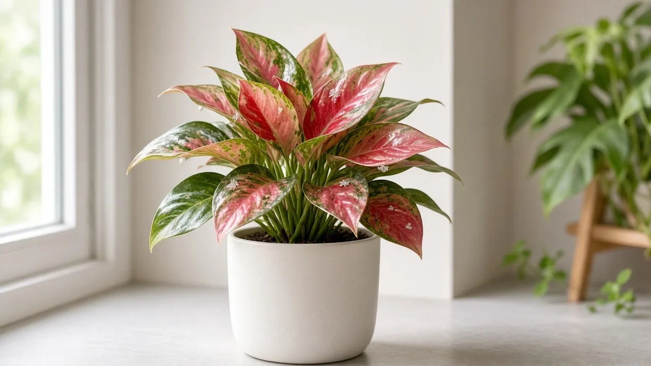 Whiteflies on Aglaonema Red Valentine - tiny white insects on pink-red variegated leaf undersides