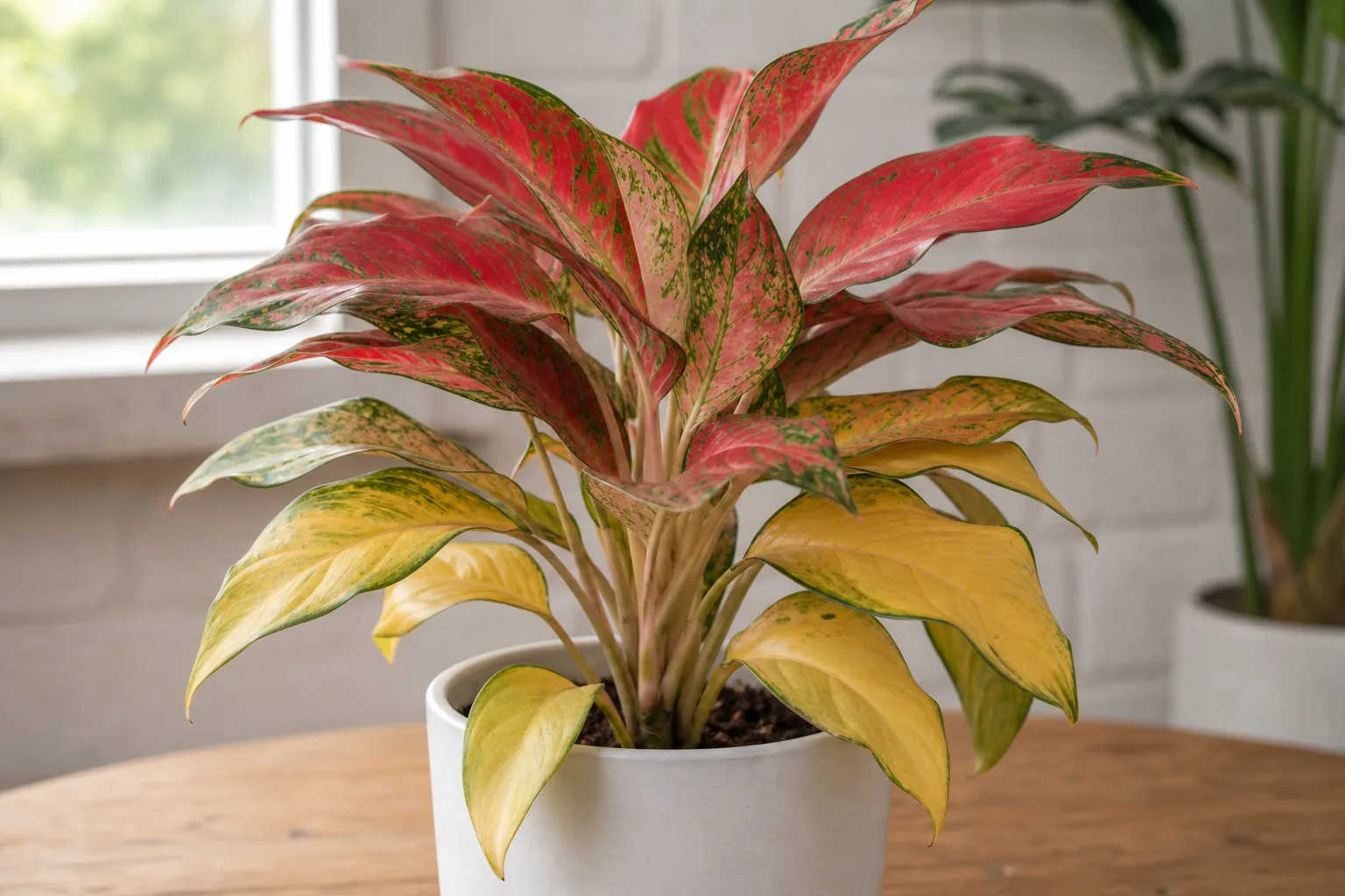 Yellow leaves on Aglaonema Red Valentine - lower leaves turning pale yellow while upper pink variegation remains