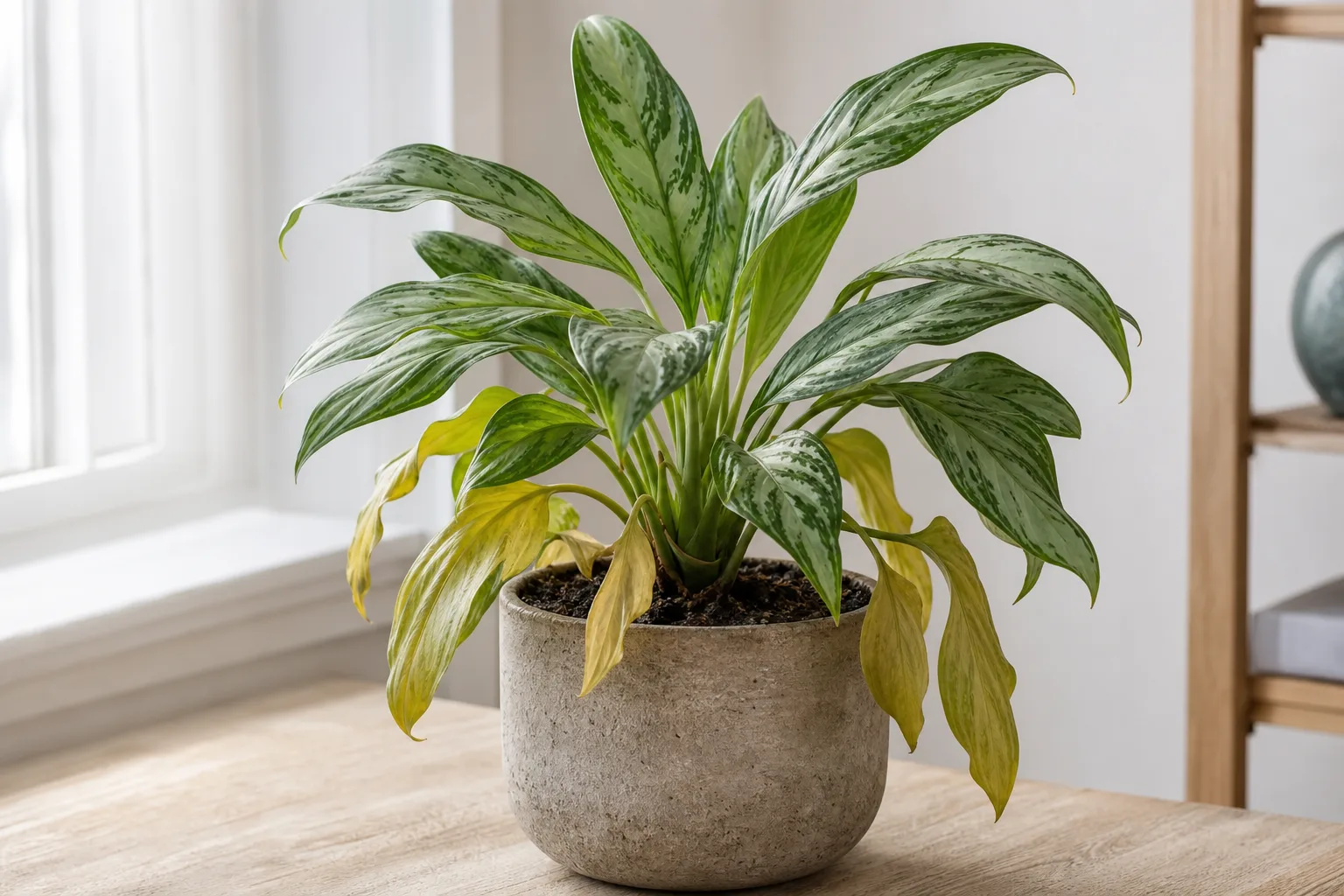 Root rot on Aglaonema - yellow limp lower leaves on a plant in chronically wet soil