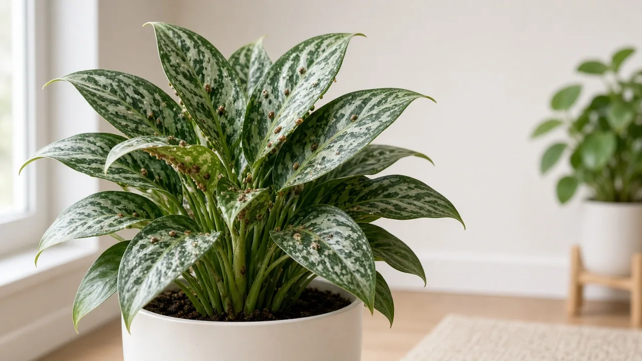 Scale insects on Aglaonema - tan bumps on Chinese evergreen petiole bases
