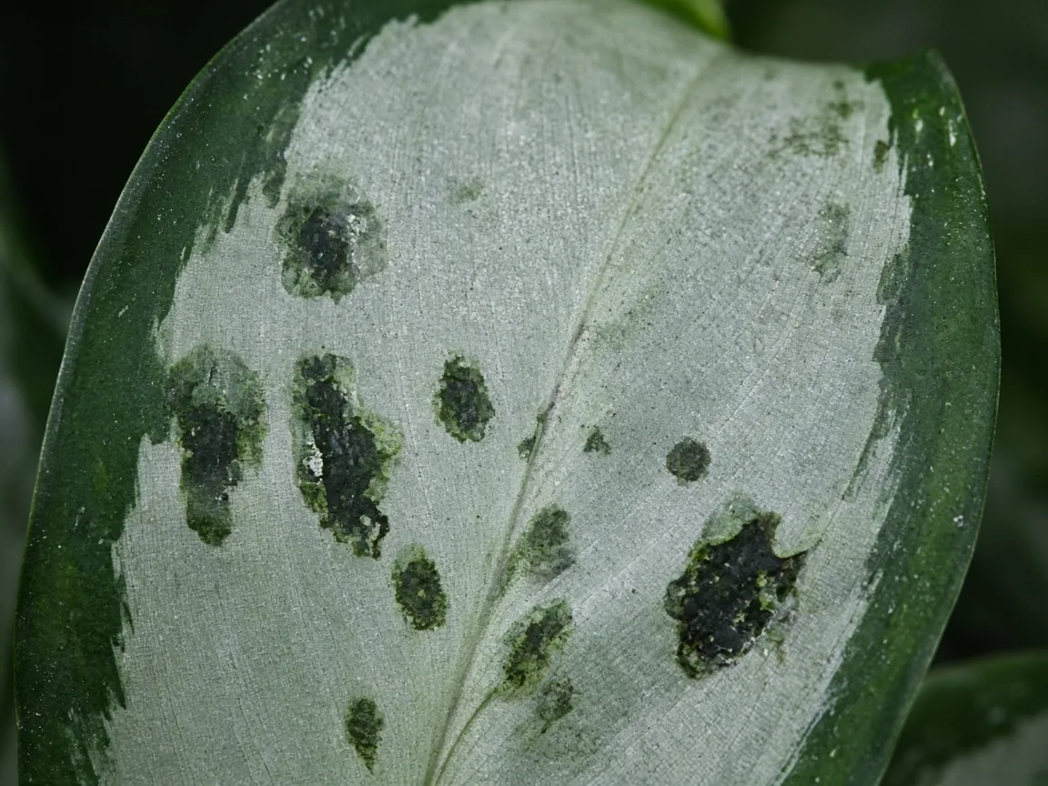 Close-up of black spots on Aglaonema Silver Bay - water-soaked leaf spot on silver-green blade