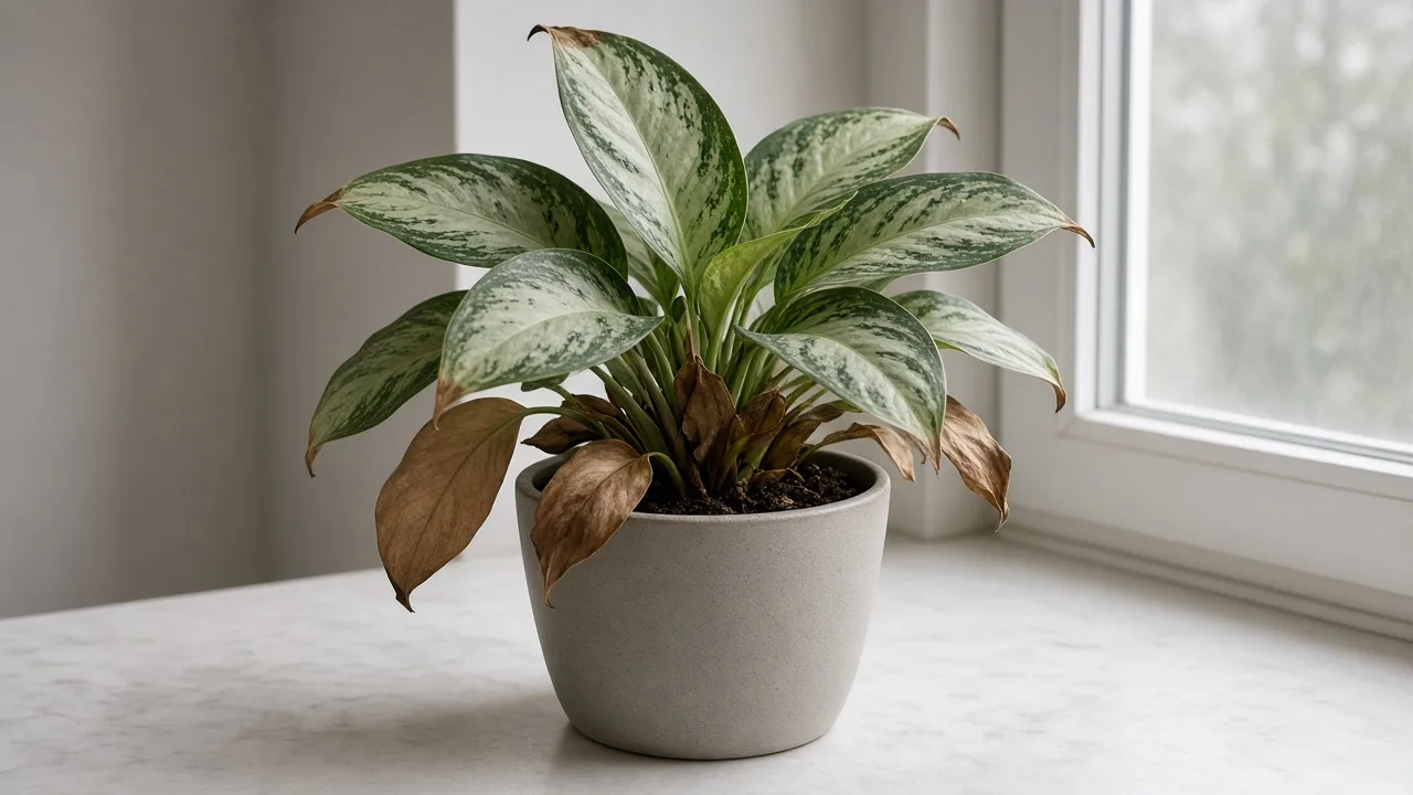 Brown Leaves on Aglaonema Silver Bay - necrotic margins on silver-green foliage